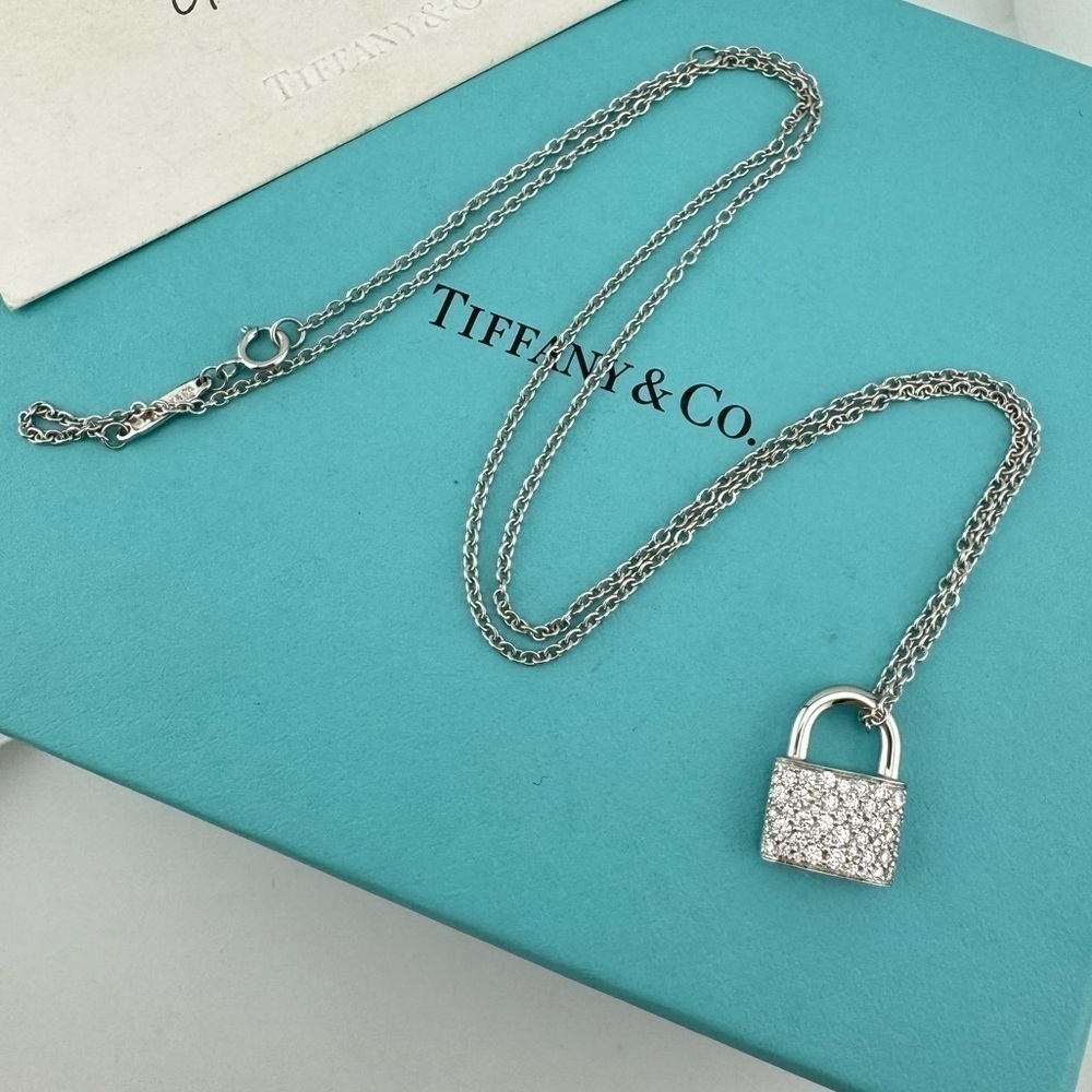 RARE Tiffany & Co. 18k Pave 💎 Diamond Padlock Necklace White Gold